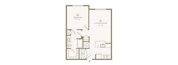 A floor plan of a small apartment with a bedroom and a living and dining area.