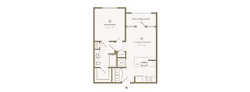 A floor plan of a small apartment with a bedroom, living room, and bathroom.