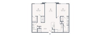 A floor plan of a small apartment with two bedrooms, a living room, a dining room, and a kitchen.