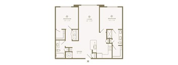 A floor plan of a two bedroom apartment with a living room and a dining room.