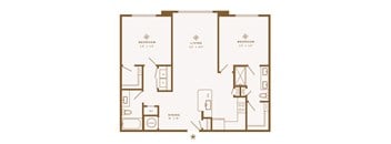 A floor plan of a two bedroom apartment with a living room and a dining room.
