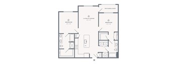 A floor plan of a home with two bedrooms, a living room, dining room, and a patio/balcony.