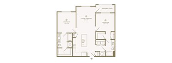 A floor plan of a home with two bedrooms, a living and dining area, and a patio/balcony.