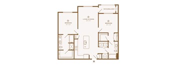 A floor plan of a home with two bedrooms, a living and dining area, a kitchen, a bathroom, and a patio/balcony.