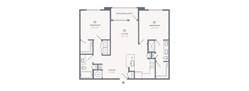 A floor plan of a house with two bedrooms, a living room, a dining room, a kitchen, and a patio.