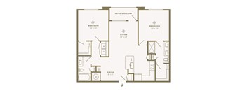A floor plan of a home with two bedrooms, a living room, a dining room, a kitchen, and a patio/balcony.