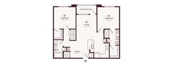 A floor plan of a house with two bedrooms, a living room, a dining room, and a patio/balcony.
