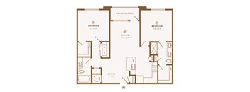 A floor plan of a house with two bedrooms, a living room, a dining room, a patio, a half bath, and a laundry area.