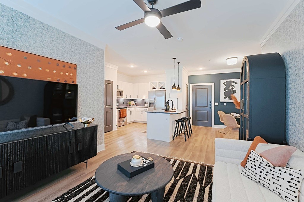 a living room with a couch and a table