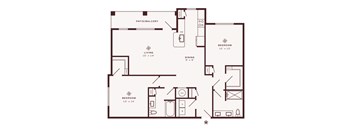 A floor plan of a house with a patio, two bedrooms, a living room, and a dining room.