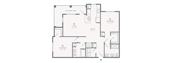 A floor plan of a house with a living room, dining room, kitchen, and two bedrooms.