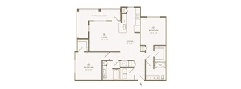 A floor plan of a house with two bedrooms, a living room, a dining room, a kitchen, and a patio/balcony.