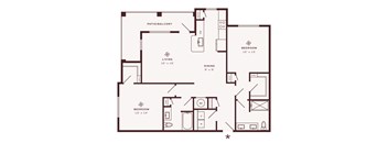 A floor plan of a house with a living room, dining room, kitchen, and two bedrooms.