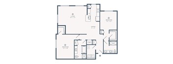 A floor plan of a house with a living room, two bedrooms, a dining room, and a kitchen.