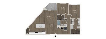 A floor plan of a house with a kitchen, living room, and bathroom.