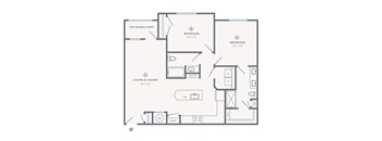 A floor plan of a house with a living and dining area, two bedrooms, a pantry, and a patio/balcony.