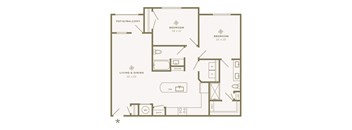 A floor plan of a house with two bedrooms, a living area, and a pantry.