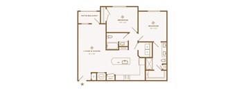 A floor plan of a house with two bedrooms, a living area, and a patio.