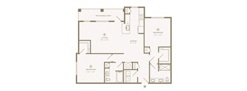 A floor plan of a house with a living room, dining room, kitchen, and two bedrooms.