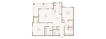A floor plan of a house with a living room, dining room, kitchen, and two bedrooms.