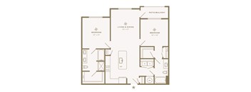 A floor plan of a home with two bedrooms, a living area, and a patio.