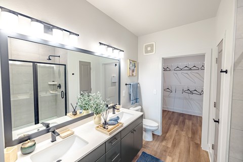 Bathroom with Quartz Countertops, Double Vanity Sinks, Walk-in Shower, and Walk-in Closet