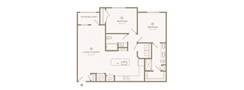 A floor plan of a home with two bedrooms, a living area, and a pantry.