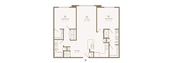 A floor plan of a two bedroom apartment with a living room and a dining room.