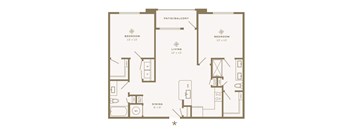A floor plan of a house with two bedrooms, a living room, a dining room, a patio, and a half bath.