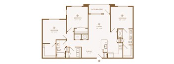 A floor plan of a house with three bedrooms, a living room, a dining room, a kitchen, and a patio/balcony.