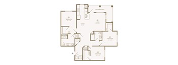 A floor plan of an apartment with a living room, dining room, kitchen, and three bedrooms.