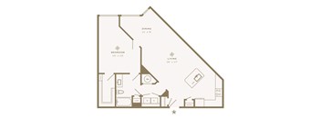 A floor plan of a house with a dining room, bedroom, living room, laundry area, and kitchen.
