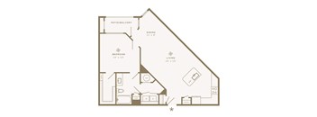 A floor plan of a house with a living room, dining room, kitchen, and bedroom.
