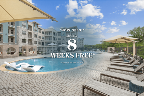 A pool area with lounge chairs and umbrellas is advertising an 8-week free offer.