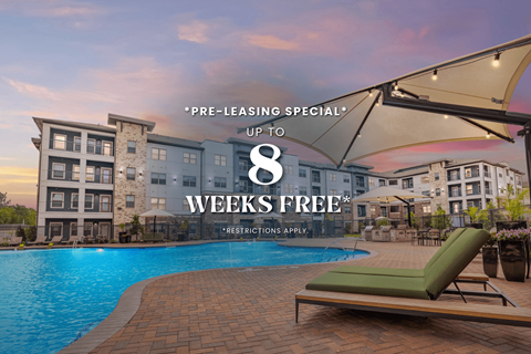 A poolside advertisement offers 8 weeks free with a pre-leasing special.