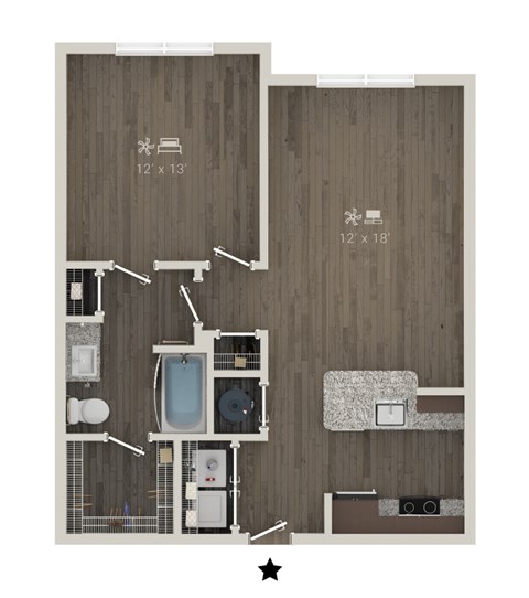 A floor plan of a small apartment with a bathroom and kitchen.