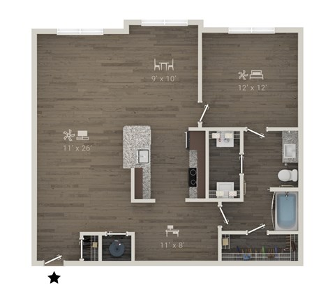 A floor plan of a house with a kitchen, living room, and bathroom.