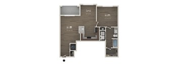 A floor plan of a house with a kitchen, living room, and bathroom.