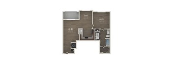 A floor plan of a small apartment with a kitchen, living room, and bathroom.