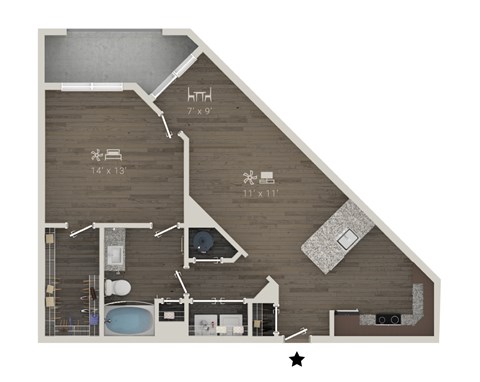 A floor plan of a house with a kitchen, living room, and bathroom.