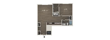 A floor plan of a room with a kitchen, living room, and bathroom.