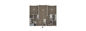 A floor plan of an apartment with three bedrooms and a living area.