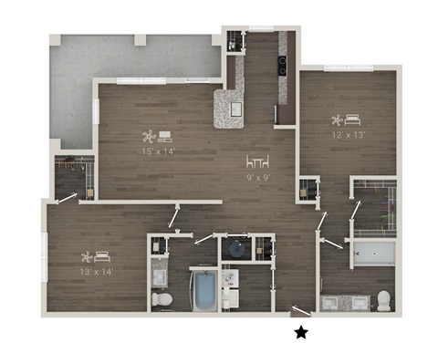 A floor plan of a house with a kitchen, living room, and bathrooms.