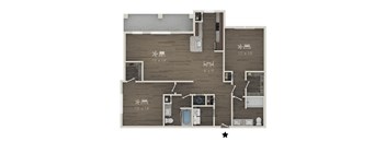 A floor plan of an apartment with a kitchen, living room, and bathroom.