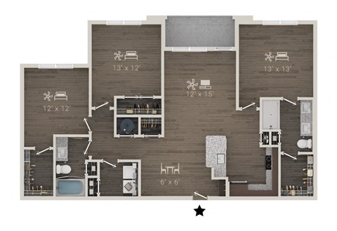 A floor plan of a house with a kitchen, living room, and bathrooms.