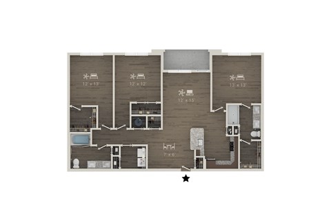 A floor plan of an apartment with a kitchen, living room, and three bedrooms.