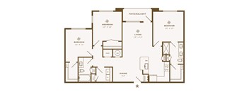A floor plan of a house with three bedrooms, a living room, a dining room, a kitchen, a patio, and a balcony.