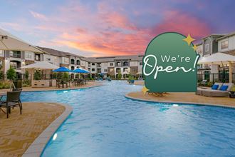 a swimming pool with a sign that says were open