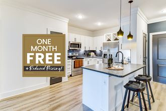 a kitchen with a sign that reads one month free