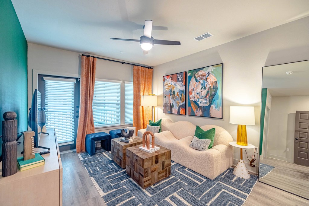 a living room with a couch and a coffee table